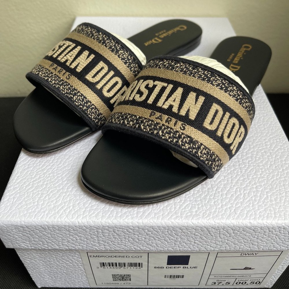 Dior Dway Slides in Deep Blue Embroidered Cotton